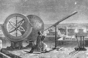 Hipparchus (c.190-c.120 BC), Ancient Greek astronomer, at the Alexandria Observatory, Egypt. At left is the armillary sphere he invented. Hipparchus is considered one of the greatest astronomers of antiquity. He calculated the length of the year and discovered the precession of the equinoxes. It is thought that the later work of Ptolemy was based on the work done by Hipparchus. Engraving from Vies des Savants Illustres (1877).